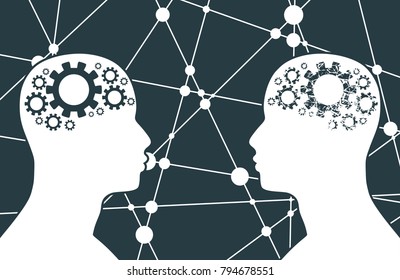 Silhouette of a men head. Mental health relative brochure, report or leaflet design template. Scientific medical designs. Human communication. Gears group as a symbol of a brains