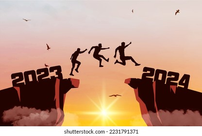 Silhouette of men jumping from a cliff over a cliff with sunlight. Sunset sky with clouds and flying birds. Leap concept in 2024.