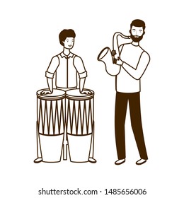 silhouette of men with musicals instruments on white background