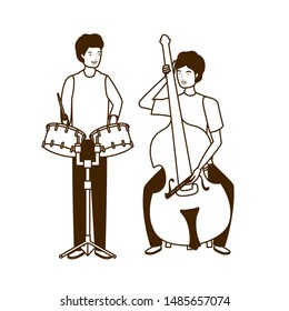 silhouette of men with musicals instruments on white background