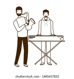 silhouette of men with musicals instruments on white background