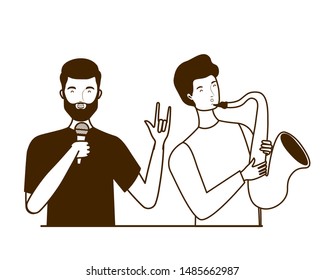 silhouette of men with musicals instruments on white background