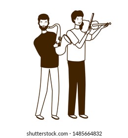 silhouette of men with musicals instruments on white background