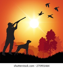 Silhouette of men on the duck hunting. Vector illustration