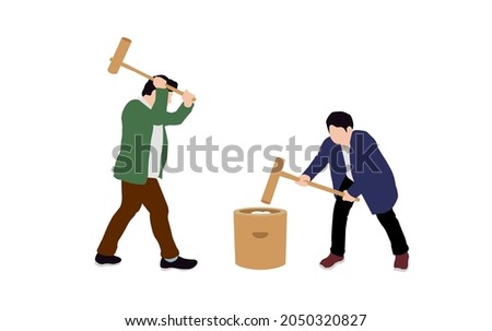  Silhouette men ( rice cake pounding | Japanese traditional new year’s event ) vector illustration