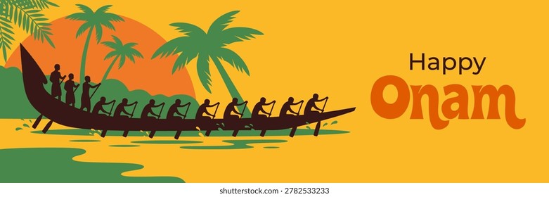 Silhouette of men rowing snake boat during Onam festival. Traditional boat race in Kerala with tropical palms and sunset background. Festive vector illustration for harvest celebration.