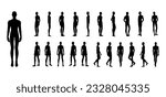 Silhouette and men set body standing and walking fashion Illustration. Flat male and female character collection front, back, side view boy. Human slim Gentlemen infographic template