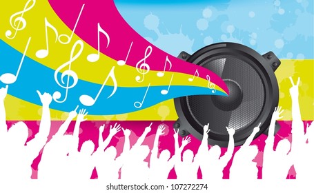 silhouette men with speaker and musical notes. vector