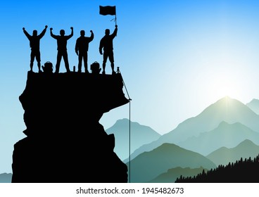 Silhouette of men standing on top of mountain with cheerful on sunrise background, success, achievement,victory and winning teamwork concept vector illustration