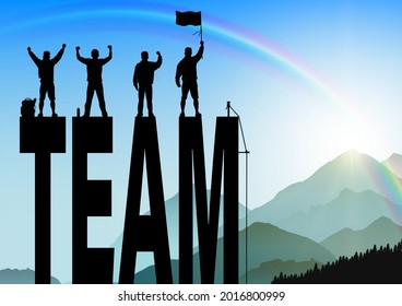 Silhouette of men standing on top of text TEAM with cheerful on sunrise background, success, achievement,victory and winning teamwork concept vector illustration