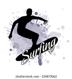 silhouette of the men of the surfer against the background of splashes in style grunge