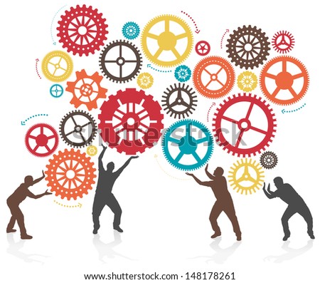 Silhouette Men turning and Pushing Cogs 