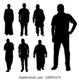 Silhouette of the men. Various poses. Uncurl hair. It is isolated on a white background.