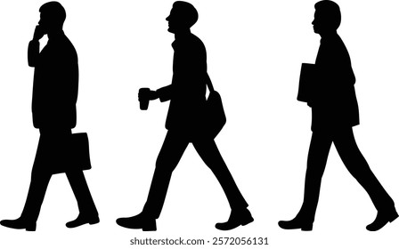 silhouette of men walking one after another on white background vector