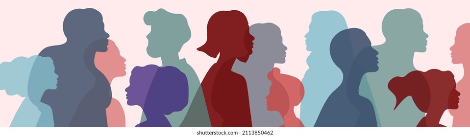 Silhouette men and women. Big crowd, faceless society, ordinary people. Group of friends, scenes of figures on streets of city, crowded alley and transition. Cartoon flat vector illustration