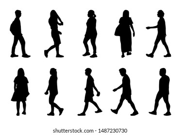Silhouette men and women walking on white background, Black people lifestyle vector collection, Set isolate shape group girl and boy, Shadow different human illustration