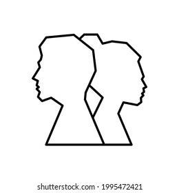 Silhouette of men and women who quarrel and turn their backs icon. Psychology. Divorce of a young couple. Isolated symbol for: illustration, outline, logo, design, web, dev, ui, gui. Vector EPS 10