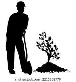 Silhouette of men in work clothes with shovel stand next to young seedling in heap of soil, isolated on white. Vector design element.