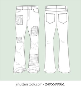 silhouette men's jeans with patchwork, outline jeans, men's fashion illustration, flared jeans, bootcut jeans