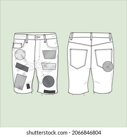 The silhouette of the men's short jeans with patchwork.