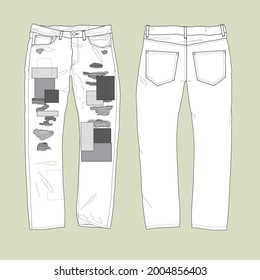 silhouette of the men's straight-leg jeans with patchwork and repair 