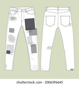 silhouette of the men's straight-leg jeans with patchwork and repair