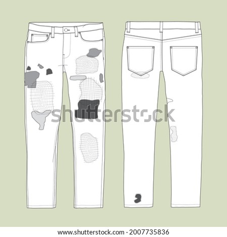 Silhouette of the men's straight-leg jeans with patchwork and repair