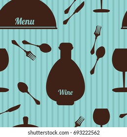 Silhouette menu restaurant blue & brown vector seamless pattern