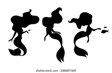 Silhouette of a mermaid in different poses. A fairy-tale character isolated on a white background. Design element for children's cards and invitations