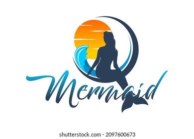 Silhouette Mermaid with drink glass at Sunset Beach for Cafe Bar Logo design