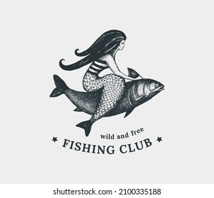 Silhouette of a mermaid riding a fish. Logo, trademark, design element in vintage style.