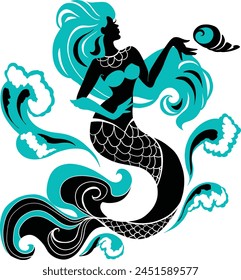 Silhouette mermaid sitting on the waves. Isolated figure of girl from fairytale. Graceful illustration