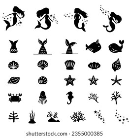 Silhouette de sirenas, cola de sirena, conchas y animales acuáticos, estepas, corales, plantas acuáticas, cangrejos, pulpo, caballitos de mar, ilustración vectorial