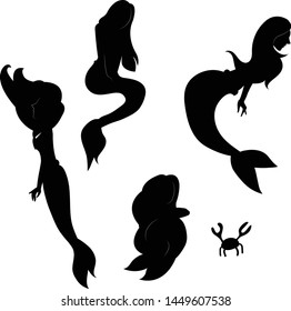 Silhouette mermaids set on white gackgroun vector illustartion hand draw desing