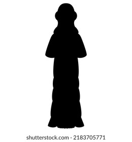 Silhouette of Mesopotamian goddess. Ancient Iranian sculpture of a woman. Inanna or Ishtar. Black and white negative silhouette.