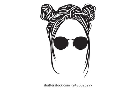 Silhouette Messy Bun hairstyle eye glasses icon. Mom life style clip art for prints