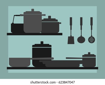 Silhouette metal cooking utensils on shelves. Turquoise background