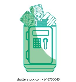 silhouette metal strong box with bills, coins and credit card in the door