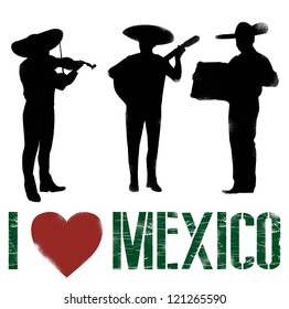 Silhouette of Mexican musician playing instrument in stencil style with text i love Mexico, Vector