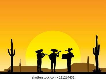 Silhouette of Mexican musician playing instruments at sunset with desert background, Vector