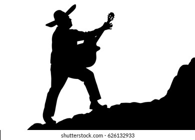 Silhouette of a mexican musician playing serenade. Isolated on white background. Vector illustration.