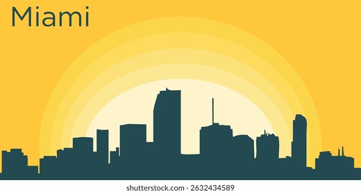  silhouette of the Miami, Florida skyline against the backdrop of the Big Yellow Sunset. The setting sun creates a gradient from bright yellow to orange.

