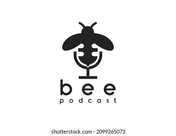 Silhouette of Mic Microphone with Bee Bumblebee Insect Bug for Podcast logo design