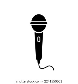 Silhouette microphone with cord icon. Interview podcast and sound recording equipment with music and concert vector broadcast effect