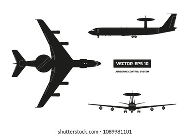 Silhouette of military aircraft. Top, front and side jet view. Army airplane with airborne warning and control system.  Industrial isolated drawing. Vector illustration