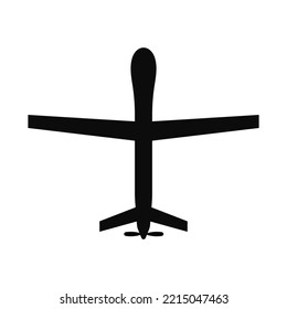 Silhouette Of Military Drone Flying Symbol Isolated On White. Top View. Flat Design. Vector Black Illustration.