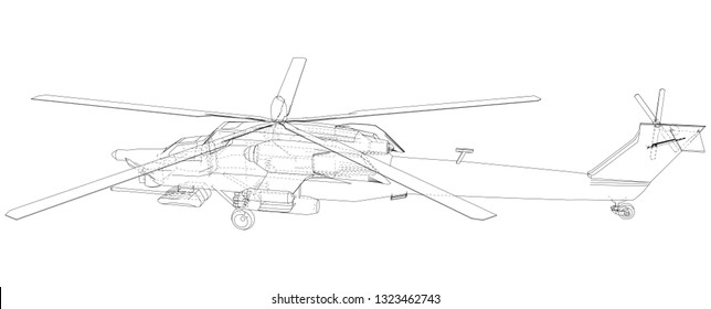 Silhouette of military helicopter. Created illustration of 3d. Vector wire-frame concept.