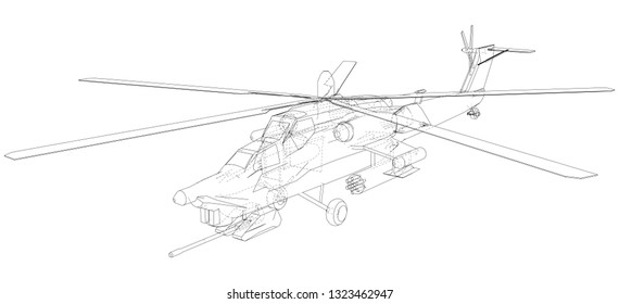 Silhouette of military helicopter. Created illustration of 3d. Vector wire-frame concept.