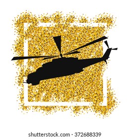 silhouette of military helicopter on golden glittering background