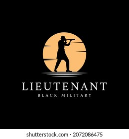 Silhouette of Military Lieutenant, British Captain with Monocular Telescope  logo design Template